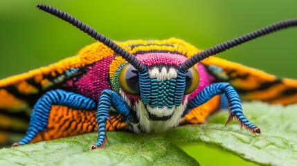 Wall Mural - A colorful insect with a blue head and red legs is sitting on a green leaf. The insect's bright colors and unique appearance make it stand out against the green background