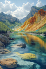 Poster - A surreal landscape where rivers of liquid color flow together, creating a seamless chromatic rhapsody across the terrain,