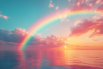 Aufkleber - A tranquil scene of a rainbow arcing across the sky, its colors merging into a soft chromatic rhapsody as it fades,