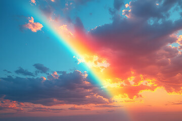 Poster - A tranquil scene of a rainbow arcing across the sky, its colors merging into a soft chromatic rhapsody as it fades,