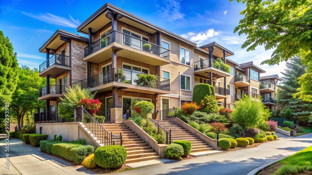Compact three-story residential building with balconies, outdoor stairs ...