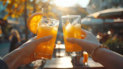 Two glasses of orange juice clink with tropical sea and sunset romantic background