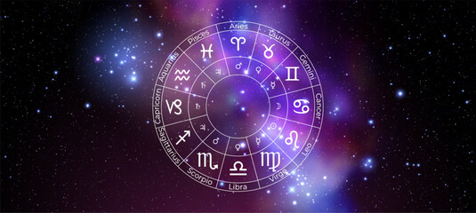 Wall Mural - circle with zodiac signs on colorful starry space background. vector illustration