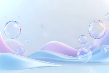 Abstract background with blue and purple waves and iridescent bubbles.