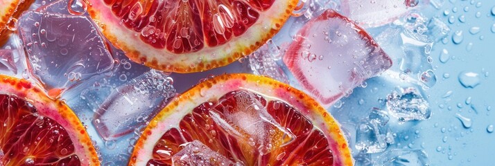 Fresh juicy red blood orange fruit slice closeup macro view with texture and ice cube