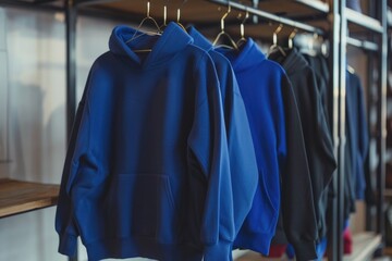 Wall Mural - Row of blue and black hoodies hanging on a rack, ready to be worn or stored