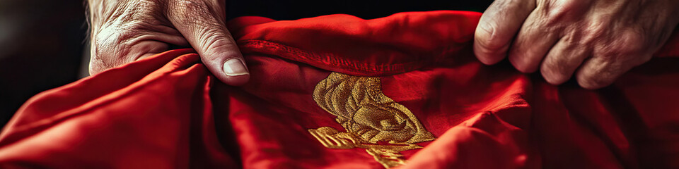 A close-up of a folded red flag with gold lettering, held aloft by two hands.