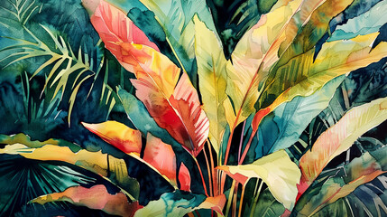 Watercolor Painting tropical ti plant using layering (glazing), rich and deep colors, textured paper background