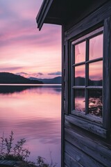 Wall Mural - A window in a serene lakeside cabin, reflecting the pink hues of a sunset over calm waters. 