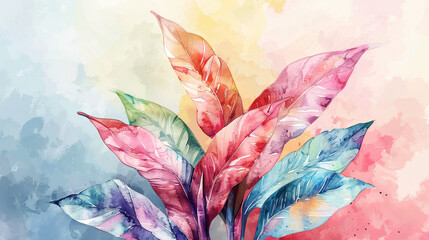 Watercolor Painting tropical ti plant with gradient washes, seamless and soft transitions, soft background