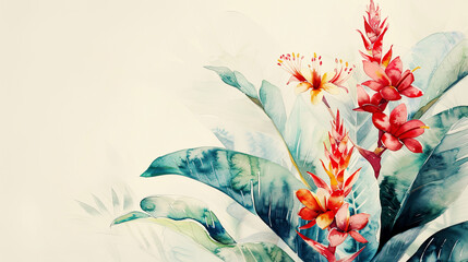 Watercolor Painting tropical ti plant with negative space, vibrant flowers on soft background, light beige