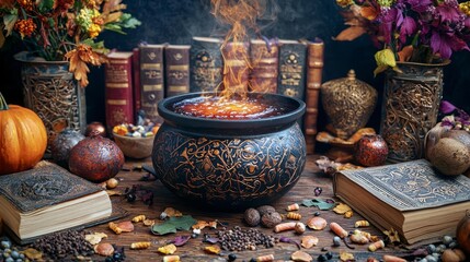 Witch's Cauldron A bubbling cauldron surrounded by magical ingredients and spell books