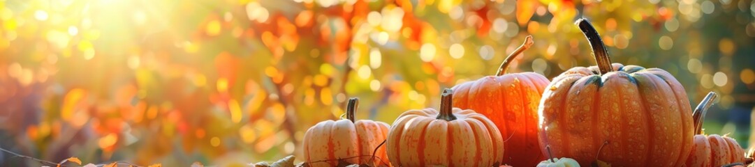 pumpkins in sunlight with autumn leaves backdrop, banner