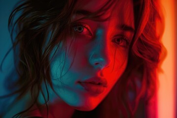 Poster - Close-up of a woman's face against a vibrant neon background, ideal for futuristic or technological concepts