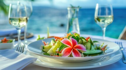 Luxury meal on table with sea