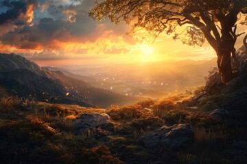 Aufkleber - A solitary tree stands tall on a hill, with a beautiful sunset in the background