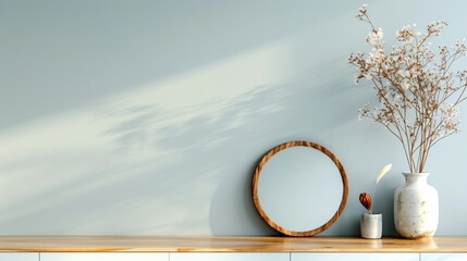 Sticker - Minimalist Home Decor with Wooden Mirror, Vase, and Dried Flowers