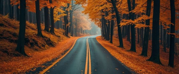 Wall Mural - Rural asphalt road in the forest surrounded by autumn trees with vibrant orange and yellow foliage. Fall season landscape photo illustration header wallpaper.	