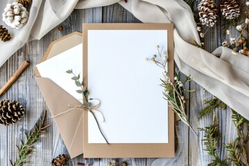 Poster - A simple table setting with a string tied around the edge of a wooden table, featuring a white card in the center