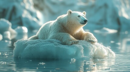 Poster - A polar bear is laying on top of a block of ice in the ocean