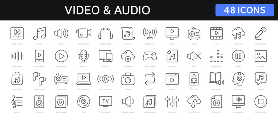 Fototapete - Video and Audio thin line icons set. Audio, Video editable stroke icon. Vector
