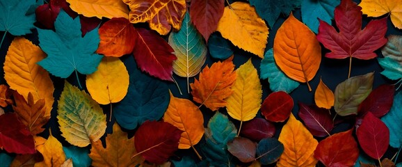 Wall Mural - Vibrant fall season background with colorful orange, yellow, deep red, and teal, layered fallen leaves on dark background. Bright flat lay autumn header wallpaper design.