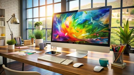 Aufkleber - A modern computer workstation with creative software open on screen, colorful design elements, and artistic tools scattered around, showcasing digital art in progress.