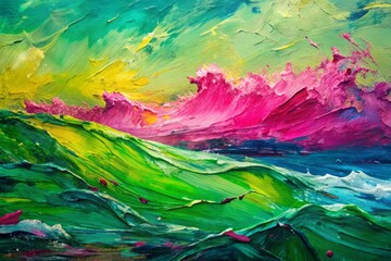 Vibrant abstract artwork featuring rough, expressive green and pink hues, oil or acrylic brushstroke waves, and pallet knife textures on a painted canvas background.