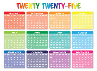 Sticker - 2025 Sunday Start Landscape Color Calendar. 2025 Sunday Start Horizontal Colorful Calendar Template. Simple calendar for year 2025 isolated on white background. Vector illustration.