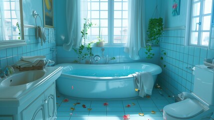 Wall Mural - Serene Bathroom with a Blue Hue and Natural Touches