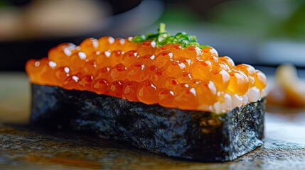 A sushi roll with a lot of red jelly balls on top