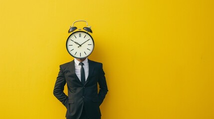 Businessman with a clock instead of his head on a yellow background.