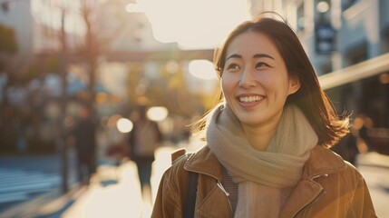 young beautiful and happy Asian Korean tourist woman walking in the city. cheerful and confident in travel and tourism concept.