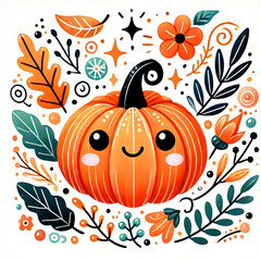 Fototapete - A festive Halloween background featuring a pumpkin surrounded by autumn leaves in a vibrant orange color palette, perfect for fall and harvest-themed designs and seasonal celebrations