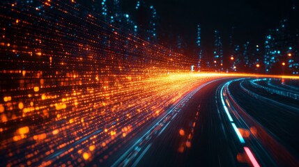 Poster - A bright orange line of light is projected onto a city street