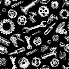 A seamless pattern of hand-drawn tools and gears on a black background.