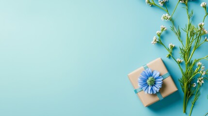 Poster - Gift box with blue flower and white flowers on a blue background.