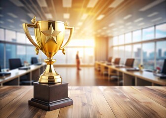 a shining gold award trophy on a wooden desk, surrounded by blurred office background, evoking a sen