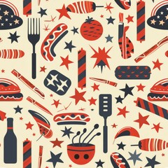 A festive pattern featuring red, white, and blue stars and other celebratory icons.