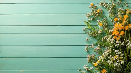 Wall Mural - Green Wooden Background with Flowers.