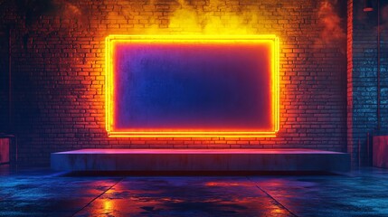 Wall Mural - Neon glowing LED sci-fi futuristic retro club stage featuring an empty lighted orange-yellow frosted glass frame against a grunge brick wall. 