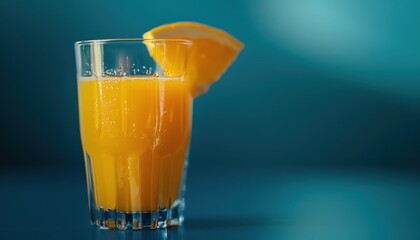 nge juice in a transparent glass. Blue background, backgrop with copy space, empty, space