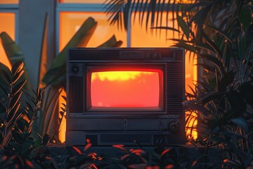 Poster - An old television sits in the middle of a garden, surrounded by plants and flowers