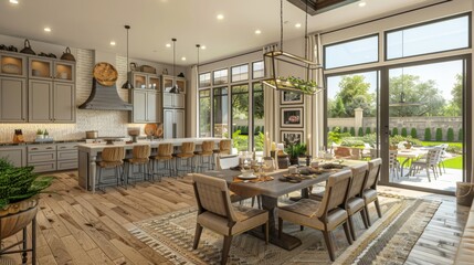 Canvas Print - Rustic Kitchen and Dining Area with Garden View