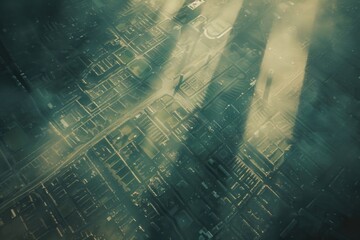Poster - Aerial view of a city with a prominent clock tower, suitable for urban planning or architecture projects