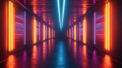 Wall Mural - Sci-fi neon glowing lamps illuminate a dark corridor with reflections on the floor and walls. The empty center of the background creates a futuristic technology scene. 3D rendering.