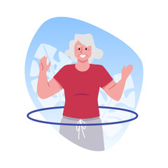 Wall Mural - Senior woman training with hoop, vector active retired character doing gymnastics exercises, healthy sport lifestyle