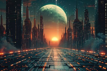 Poster - Cityscape at night with a full moon, suitable for futuristic or sci-fi themed projects