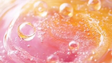 Poster - A close up of a pink and orange liquid with many small bubbles
