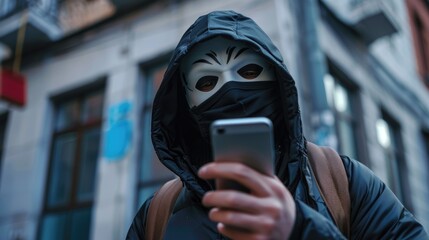 Aufkleber - A person wearing a mask holds a cell phone, perfect for conceptual or abstract photography projects